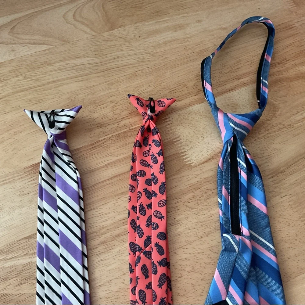 Lot x3 Boys Neck Tie Youth Clip On Striped Pineapple Print Purple Blue Pink M/L